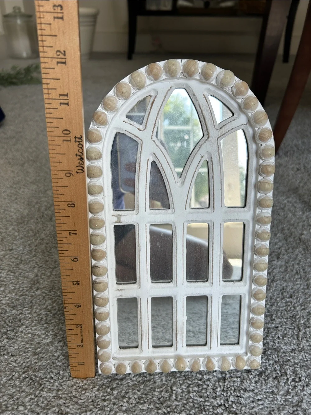 Hobby Lobby White Arched Windowpane Wall Mirror with Beige Bead Trim